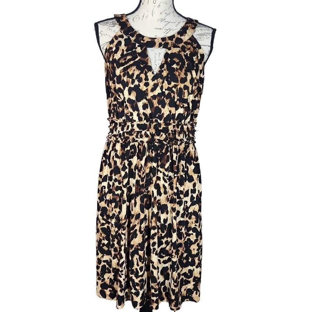 Thalia Sodi Women's Size Large Brown Black Leopard Print Retro Halter Dress